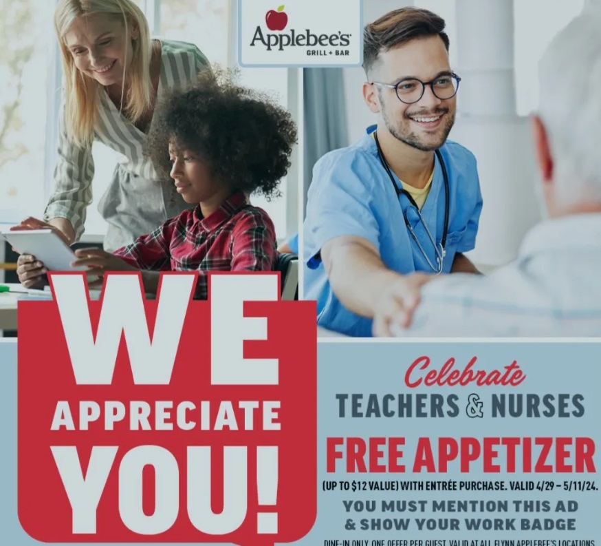 Image FREE Appetizer With Entree Purchase For Teachers & Nurses @ Applebee’s! 