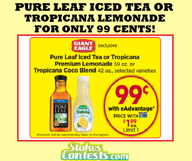 Image Pure Leaf Iced Tea, Tropicana Lemonade or Coco Blend for ONLY 99 CENTS!