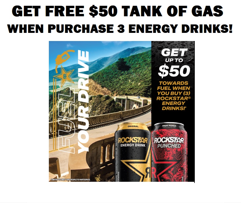 Image FREE $50 Tank of Gas or Electric Charge when you buy 3 Rockstar Energy Drinks!