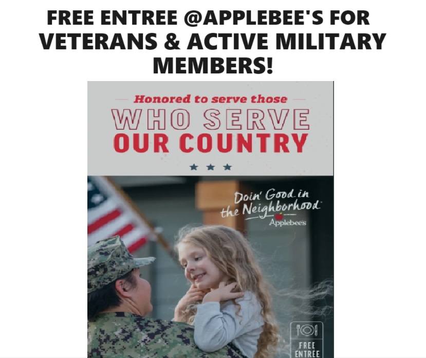 Image FREE Entree at Applebee’s For All Veterans & Active Duty Military Members