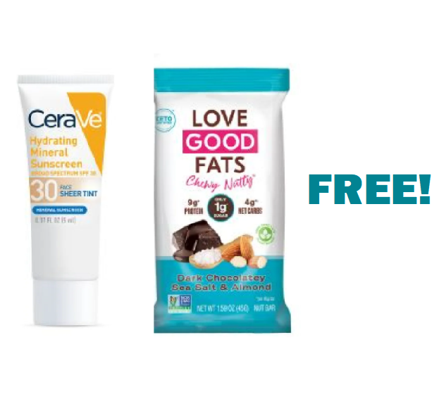 Image FREE CeraVe Hydrating Mineral Sunscreen Or Love Good Fats Dark Chocolately Nutty Bar