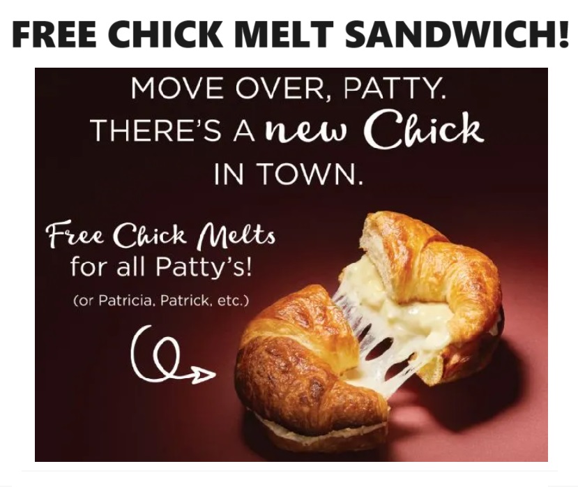 Image FREE Chick Melt Sandwich at Chicken Salad Chick! if Your Name is Patty, Patricia, Patrick Or Patrice!