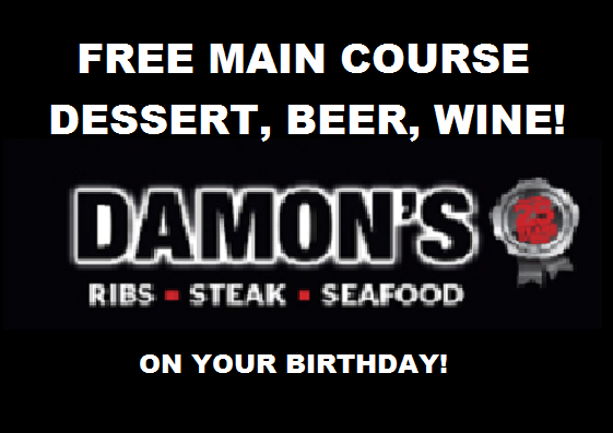 Image FREE Meal, Dessert, Beer at Damon's Restaurant on Your Birthday