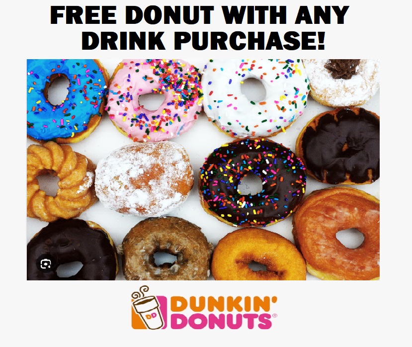 Image FREE Donut with ANY drink purchase at Dunkin’ on June 2. TOMORROW!