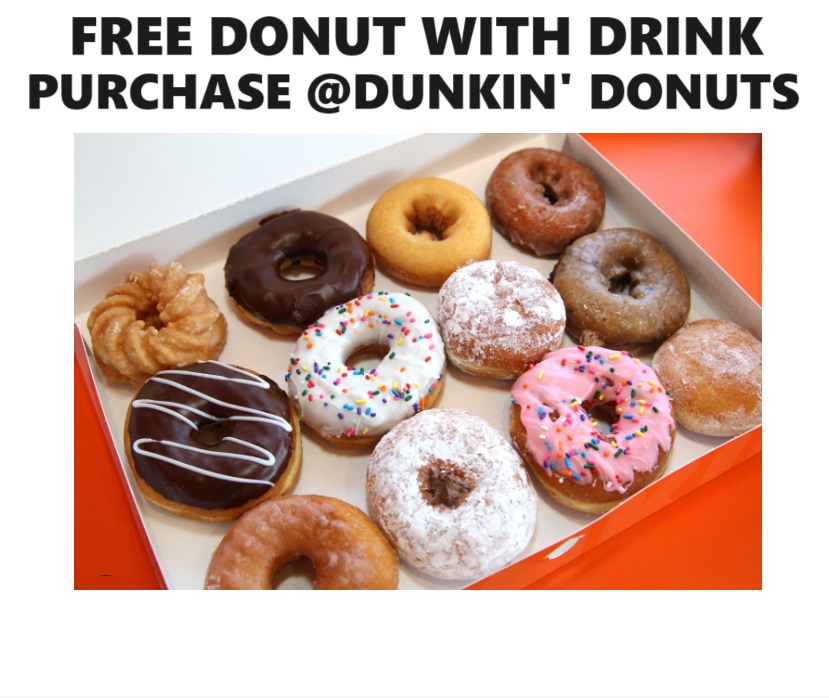 Image FREE Donut with Drink Purchase at Dunkin’ Donuts EVERY WEDNESDAY!