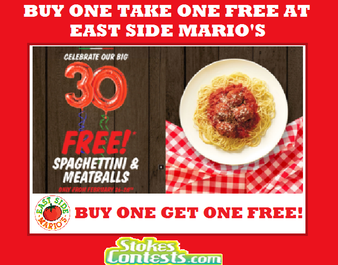 Image Buy One Meal Get One FREE! at East Side Mario's