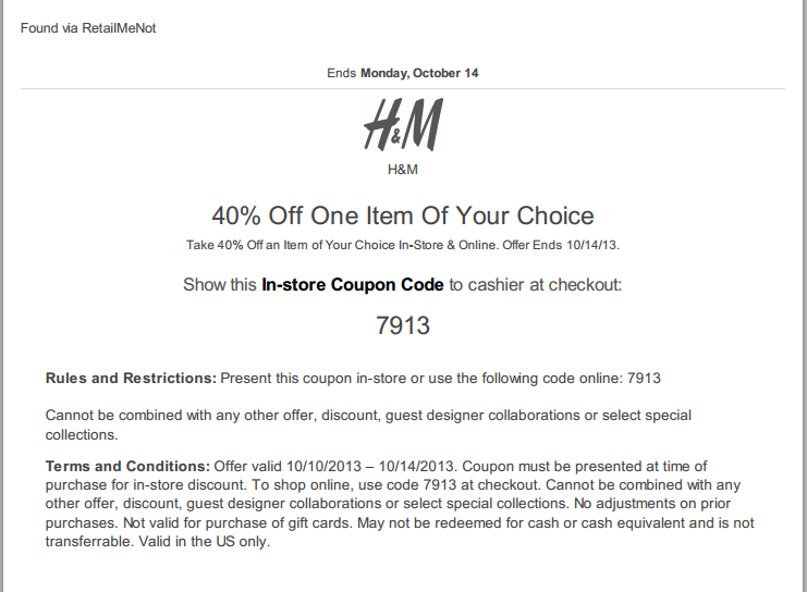 Image H&M: 40% Off One Item Of Your Choice - US Stores Only