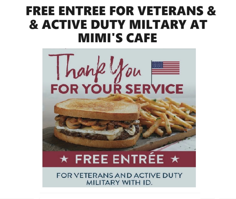 Image FREE Entree For Veterans & Active Duty Military @ Mimi’s Cafe