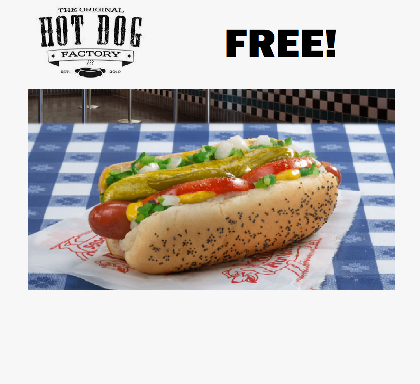 Image FREE Hot Dog at The Original Hot Dog Factory! TODAY!