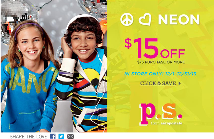 Image Aeropostale : P.S. From Aeropostale: $15 Off $75 - In-Store Only