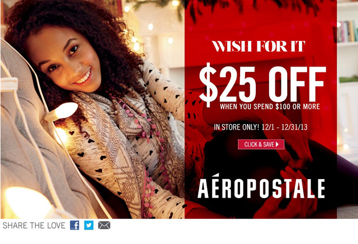 Image Aeropostale : $25 Off $100+ In-Store!